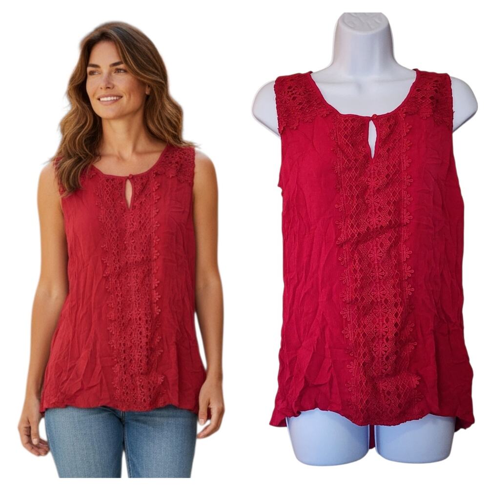 Westport Womens Pullover Blouse Size M Fuschia Crinkle Sleeveless Keyhole Top